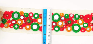 Gold Sheer Tissue Fabric Trim With Red And Green Circles and Floral Embroidery With Mirror Embellishments, Indian Mirrored Trim
